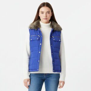 Activology Blue Fur Trim Zip Up Quilted Sleeveless Puffer Vest L